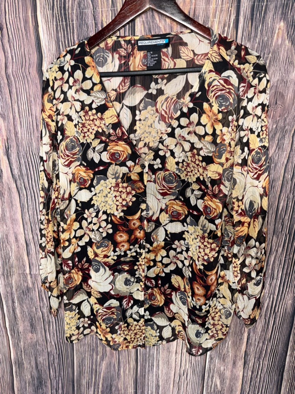 Requirements Woman 1X Sheer Floral Button Front Blouse Black Beige Burgundy